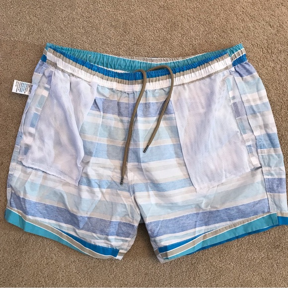 Red Camel Mens Swim Trunks Swimwear Size Large 34 36 Blue White Stripe Altered - Picture 8 of 9